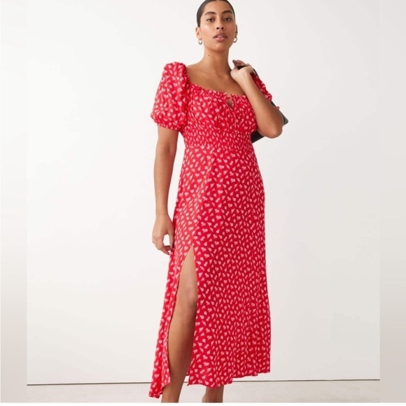 & Other Stories Red Floral Puff Sleeve Milkmaid Maxi Dress Cottagecore Coquette - Picture 9 of 15
